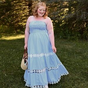 Chic Soul Blue and White Striped Strapless Dress